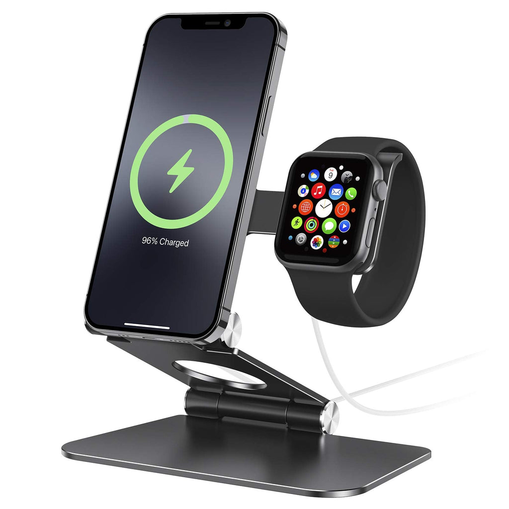 [Australia - AusPower] - apiker Charger Stand for MagSafe, 2-in-1 Foldable Adjustable Aluminum Desktop Phone Charging Station for iPhone 13/12 Mini Pro Max, Apple Watch 7/6/5/4/3/2/1, MagSafe Charger Not Included (Black) Black 