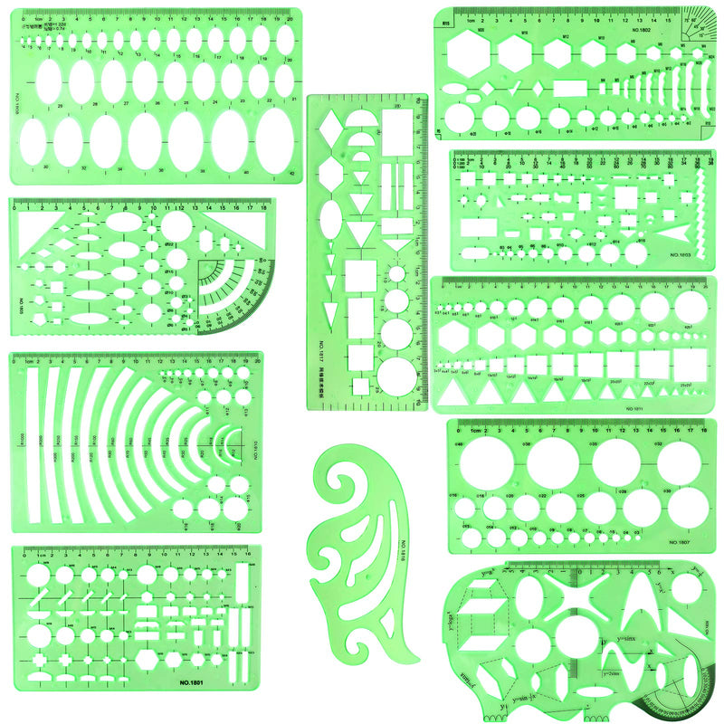 [Australia - AusPower] - 11PCS Geometric Drawings Templates, Drafting Stencils Measuring Tools, BetyBedy Plastic Clear Green Ruler Shapes with a Zipper Bags for Architecture, Office, Studying, Designing and Building 