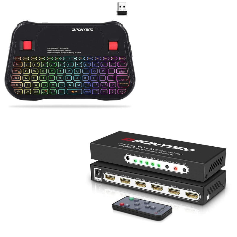 [Australia - AusPower] - PONYBRO Backlit Mini Bluetooth Wireless Keyboard with Touchpad QWERTY keypad and PONYBRO HDMI 2.0 Switch 6 Port 4K 60Hz 