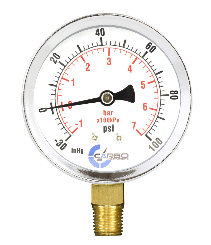 [Australia - AusPower] - CARBO Instruments 2-1/2" Pressure Gauge, Chrome Plated Steel Case, Dry, Compound Vacuum -30 Hg - 0-100 psi Lower Mount 1/4" NPT -30 / 0 / +100 inHg/psi 