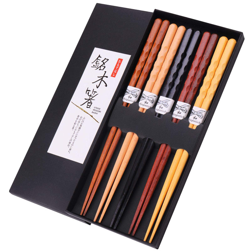 [Australia - AusPower] - GLAMFIELDS Reusable Chopsticks Japanese Natural Wooden 5 Pairs Classic Style Lightweight Hand-Carved Safe Chop Sticks 8.8 Inch/22.5cm Gift Set Multicolor 