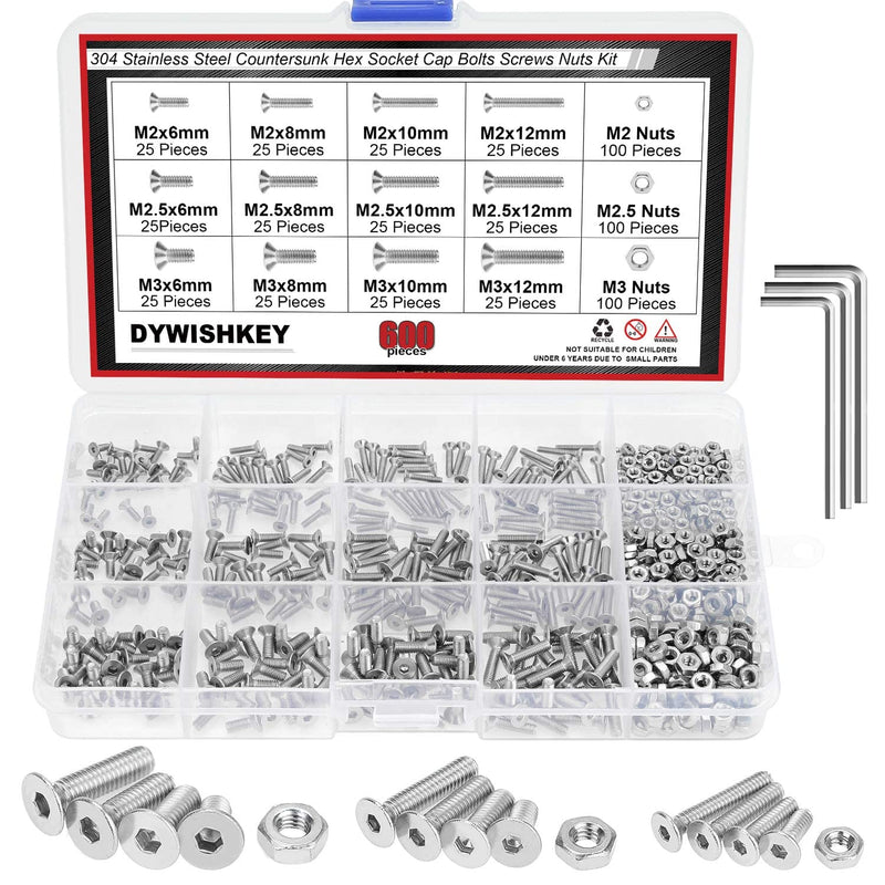 [Australia - AusPower] - DYWISHKEY 600 PCS Metric M2 M2.5 M3, 304 Stainless Steel Flat Head Countersunk Socket Cap Bolts Screws Nuts Assortment Kit with Hex Wrenches 