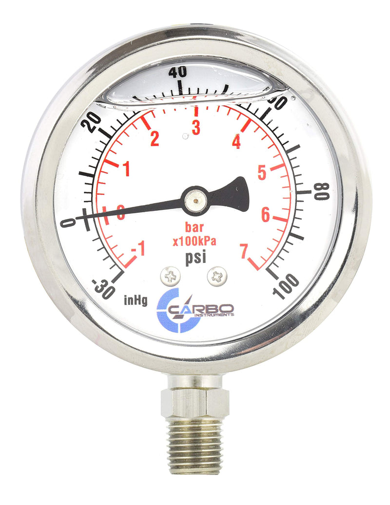 [Australia - AusPower] - CARBO Instruments Stainless Steel Pressure Gauge Dual Display (-30 / 0 / +100 inHg/psi/kPa) - 2 1-2" Glycerine Liquid Filled Water Air Oil Gas Gauge with Polycarbonate Lens - Compound Vacuum -1/4" NPT -30 / 0 / +100 inHg/psi 