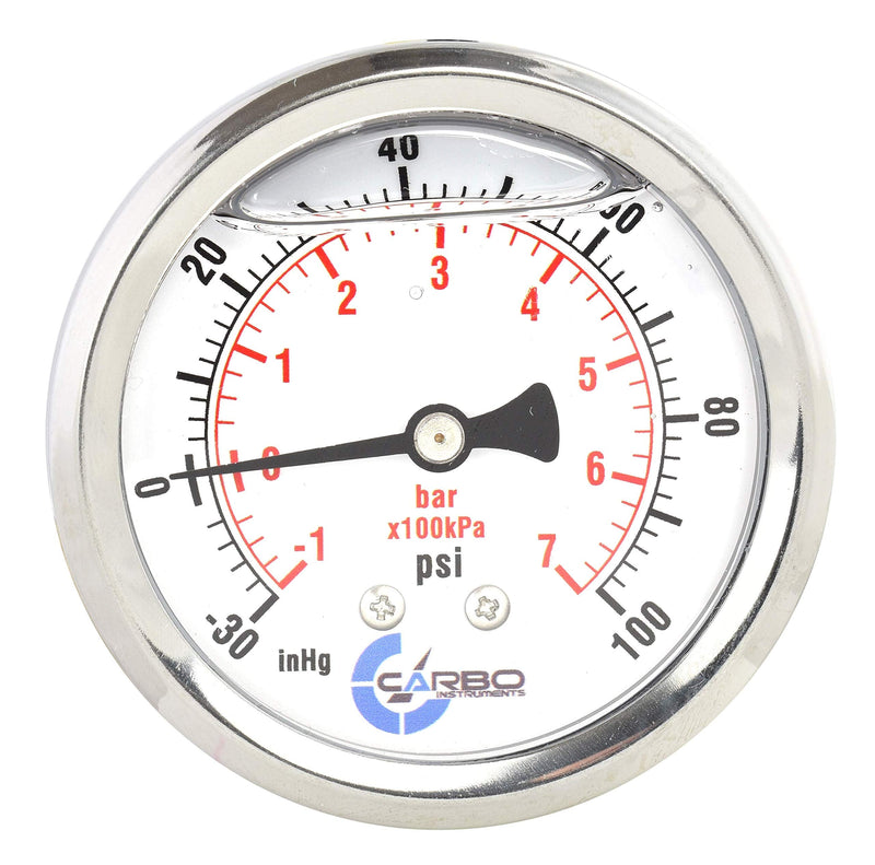 [Australia - AusPower] - CARBO Instruments 2 1-2" Pressure Gauge, Stainless Steel Case, Chrome Plated Brass Connection, Lqiuid Filled, Compound Vacuum -30 Hg - 0-100 psi Back Mount 1/4" NPT -30 / 0 / +100 inHg/psi 