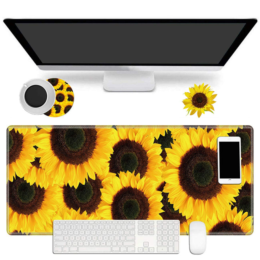 [Australia - AusPower] - Large Gaming Mouse Pad Non-Slip Keyboard Pad Soft Extended Desk Mat Desktop Writing Pad (31.5"×11.8") with Yellow Sunflower Design for Home & Office + Cup Coaster and Cute Stickers 