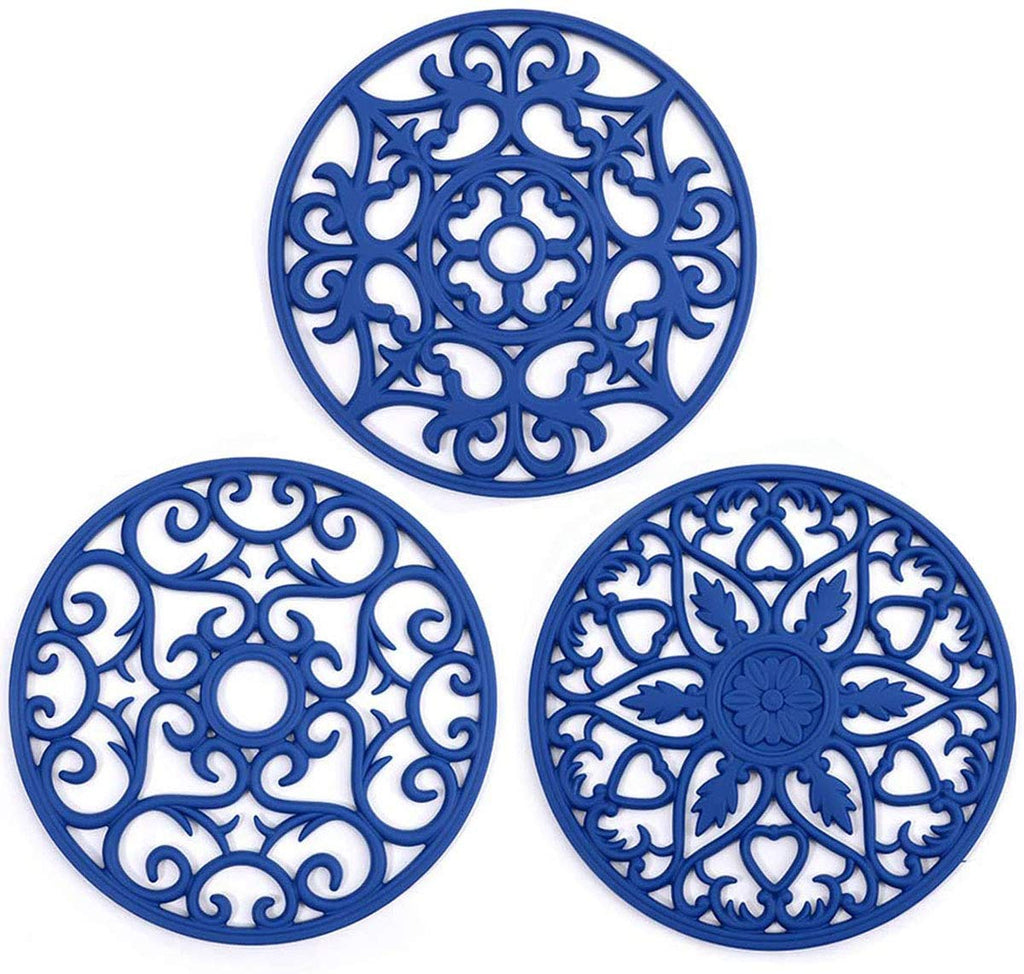 [Australia - AusPower] - 3 Set Silicone Trivet Mat,Hot Pot Holder Hot Plate to Protect Table, Insulated Flexible Durable Non Slip Coasters, Intricate Carved Silicone Mat,Heat Resistant Modern Kitchen Hot Pads,Table Pad Blue 