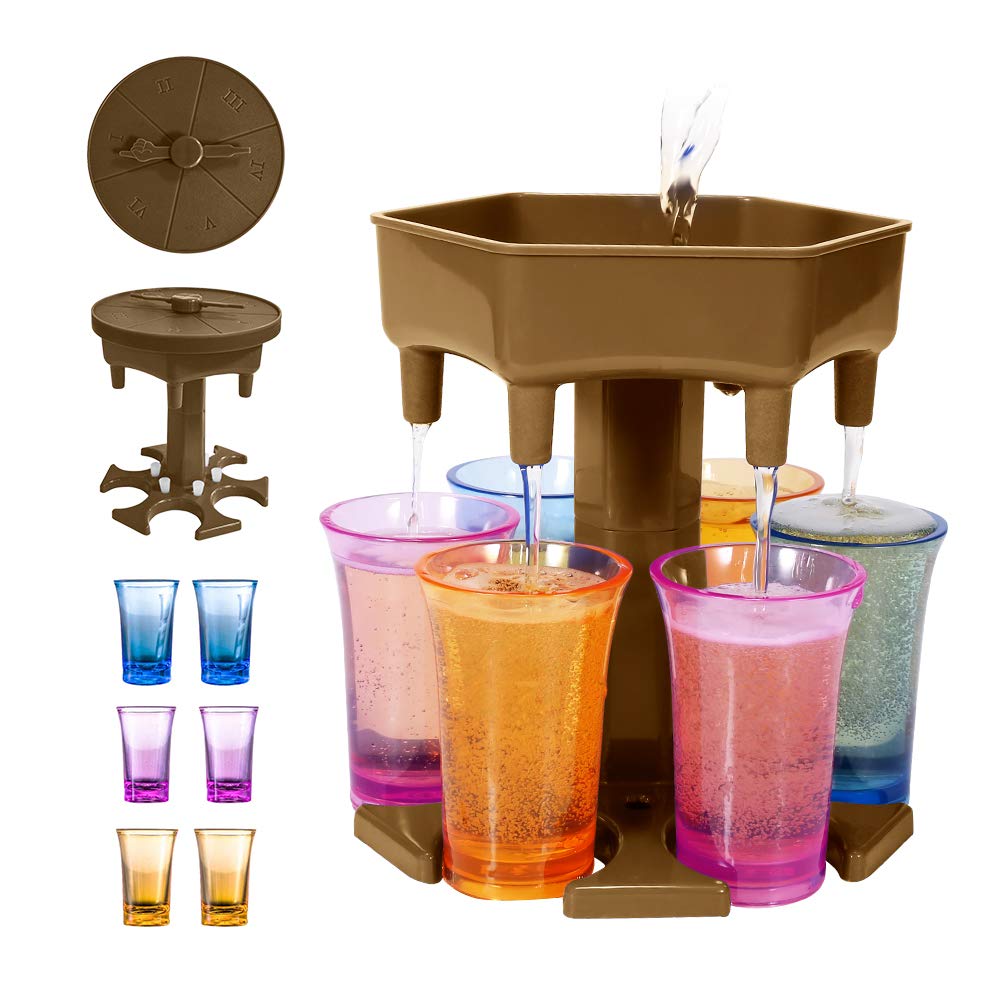 [Australia - AusPower] - New Version 6 Shot Glass Dispenser and Holder With Game Turntable,Shot Dispenser With 6 Silicone Plug For Filling Liquids, Home Party Bar Shot Dispenser Cocktail Dispenser Carrier (Khaki/With 6 Cups) Khaki/With 6 Cups 