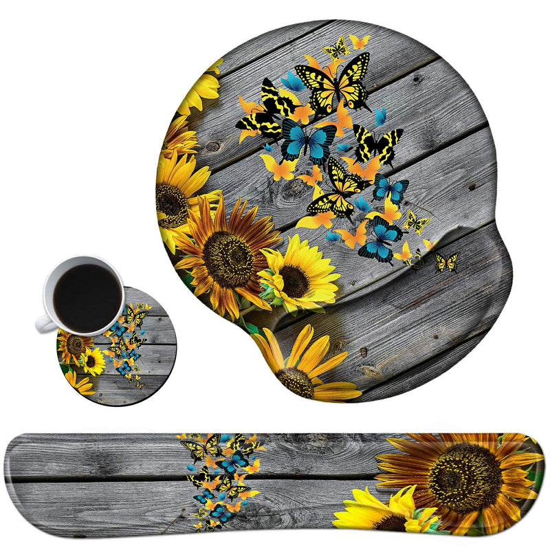 [Australia - AusPower] - Keyboard Wrist Rest Pad and Mouse Pad Wrist Rest Support Set, Ergonomic Gaming Mousepad Durable Smooth Surface Non-Slip Base Sunflower Butterfly Design for Computer Laptop Home Office + Cute Coasters Yellow Sunflowers and Butterflies 
