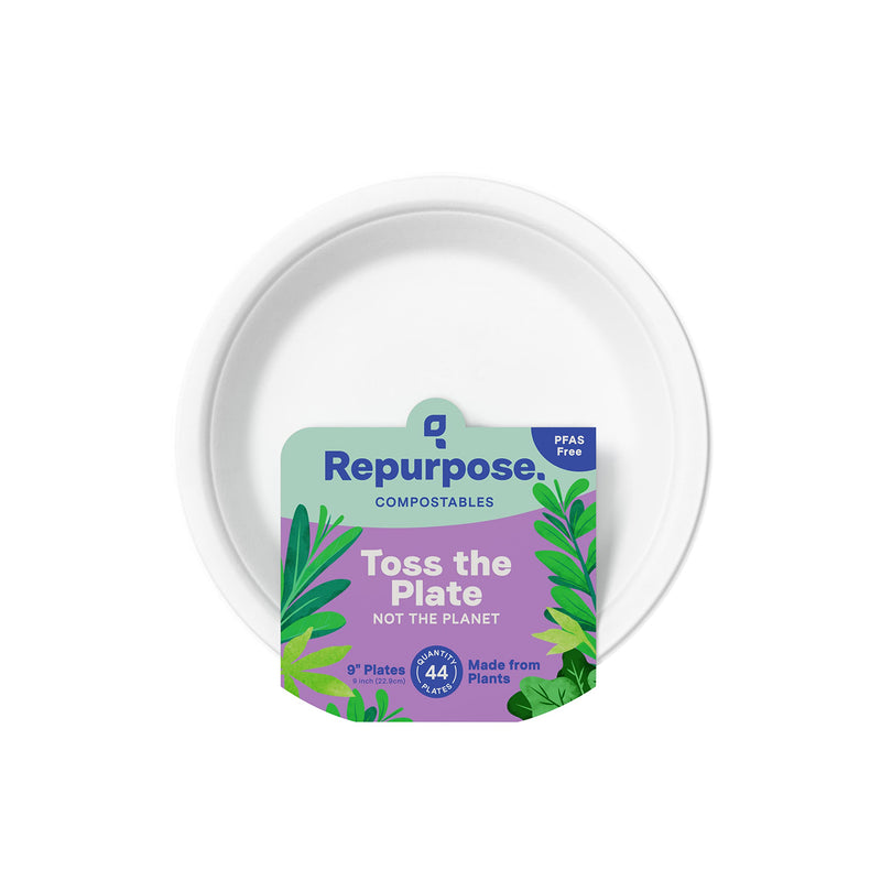 [Australia - AusPower] - Repurpose Compostables 9 Inch Compostable Plates, Heavy Duty Paper Plates Microwave Safe and Freezer Safe, Leak-Resistant, Plant-Based Plastic and Paper Plate Alternative, White, 44 Count, 1 Pack 