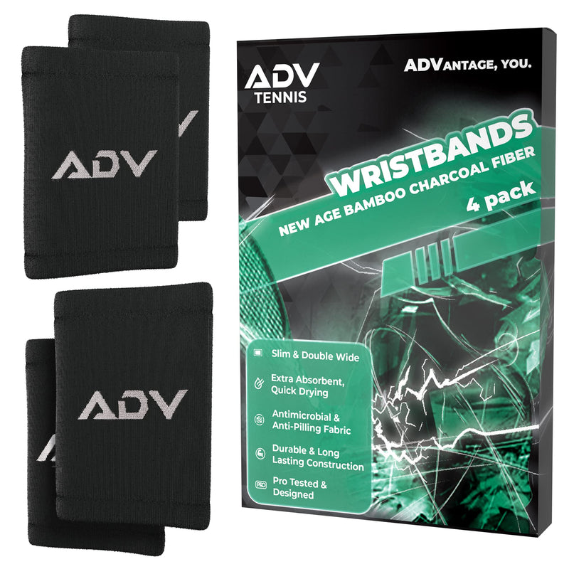 [Australia - AusPower] - ADV Bamboo Charcoal Tennis Wristbands, Ultra Absorbent, Double Wide, Slim & Very Comfortable Sweat Wristbands, Easy to Put On Your Wrist for Good Support & Wrist Compression Black 