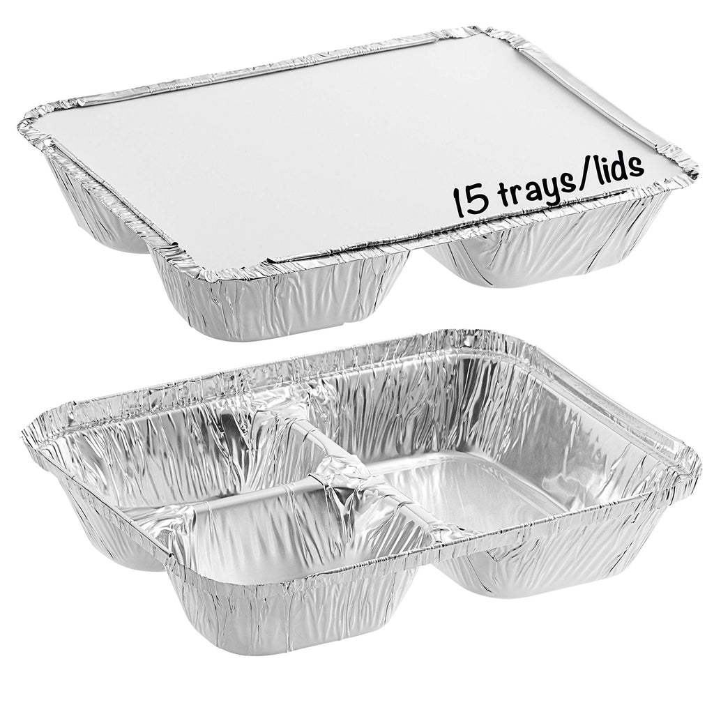 [Australia - AusPower] - 15 Pack 3 Compartment Disposable Foil Take Out Tray with Board Lid - Hot Cold Freezer Safe 