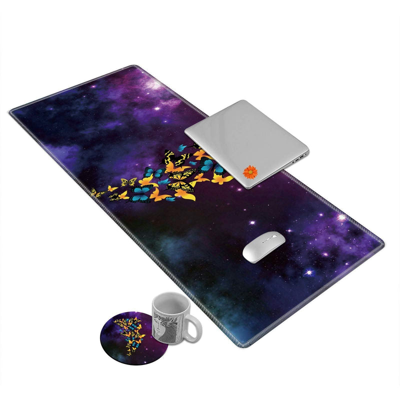[Australia - AusPower] - Desk Mat Gaming Mouse pad for Laptop, Galaxy Butterflys Customized Design Printed Desk pad, Home Office Accessories, with Sunflower Coasters and Cute Stickers 