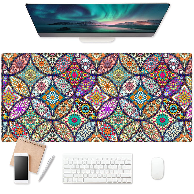 [Australia - AusPower] - EkuaBot Mandala Large Gaming Mouse Pad (35.4×15.7 in, 3mm Thick), Non-Slip Rubber Base and Reinforced Lock Edges, XXL Extended Mousepad for Work, Game, Desk mat, Desktop Decoration 