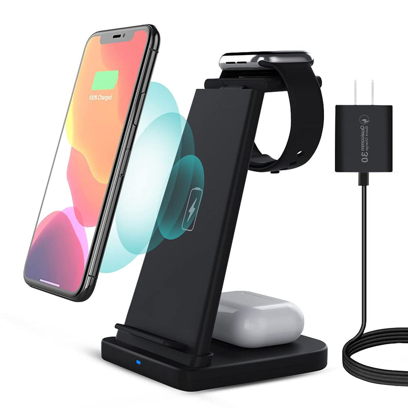 [Australia - AusPower] - Detachable Wireless Charging Stand Station Dock 3 in 1 Qi-Certified Fast iPhone Pro Charger Compitable for Apple Watch, iPhone 12/11 /XR/XS/X/8,Samsung S20/S10/S9 Galaxy, Airpods 2/Pro (Black) Black 