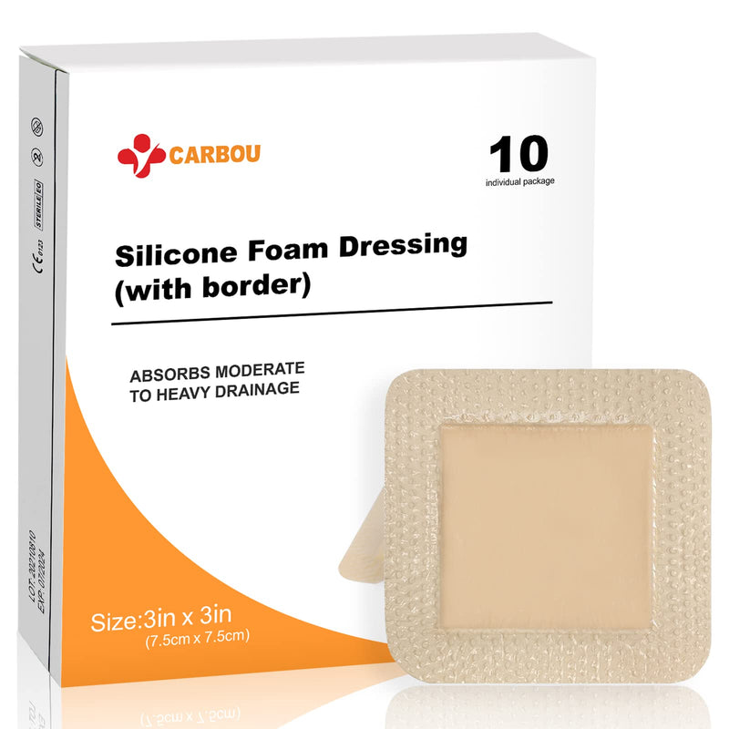 [Australia - AusPower] - Carbou Silicone Foam Dressing with Adhesive Gentle Border,3"x3" Waterproof Wound Dressing Bandage,High Absorbency Wound Pad,Silicone Foam Bandage for Wound Care 10 Pack 3x3 Inch (Pack of 10) 