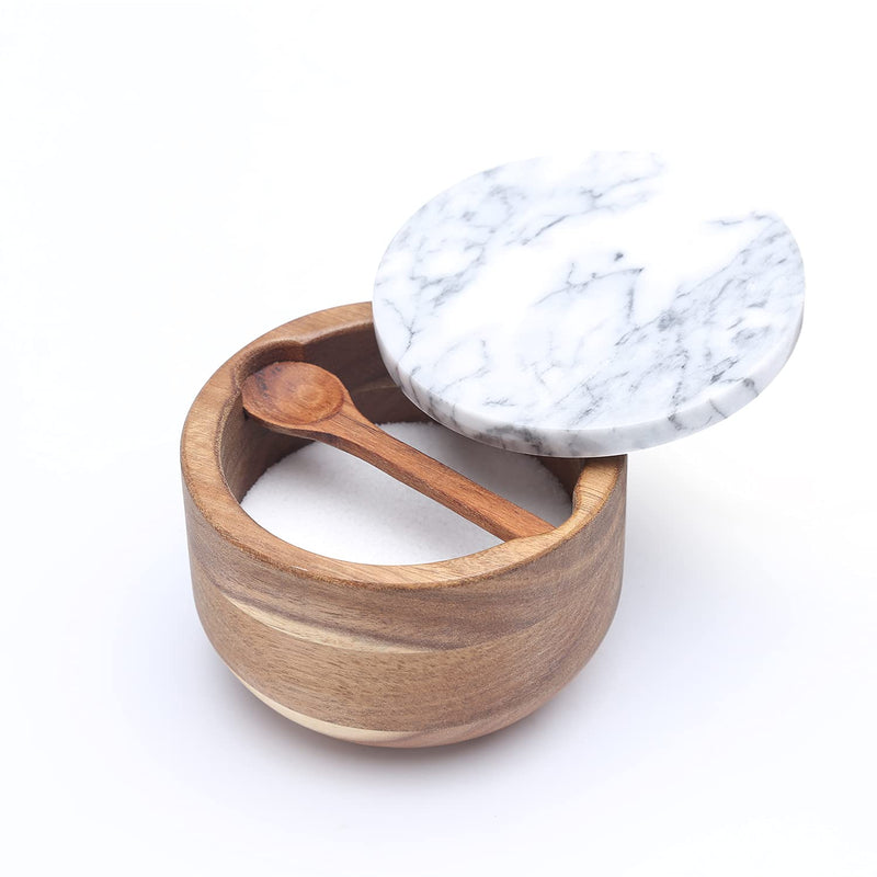 [Australia - AusPower] - KITCHENDAO Large Wood Salt Cellar Box with Built-in Spoon and Marble Lid, Solid Natural Acacia Base, Grey Marble Lid, Pepper Sealer Pinch Bowl, Mother's Day Gift for Mom Grandma, 10oz Capacity Gray 