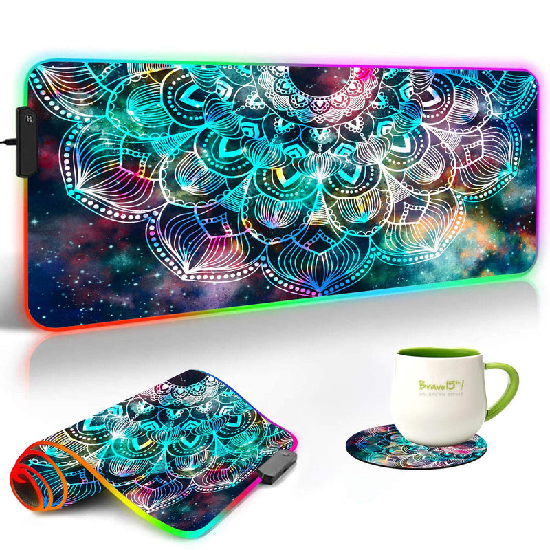 [Australia - AusPower] - RGB Gaming Mouse Pad and Coasters Set,Mandala in Galaxy Extended Soft Led Mouse Pad with 10 Lighting Modes, Anti-Slip Rubber Base,Computer Keyboard Mouse Mat 800 x 300mm / 31.5×11.8 inches Mandala in Galaxy 