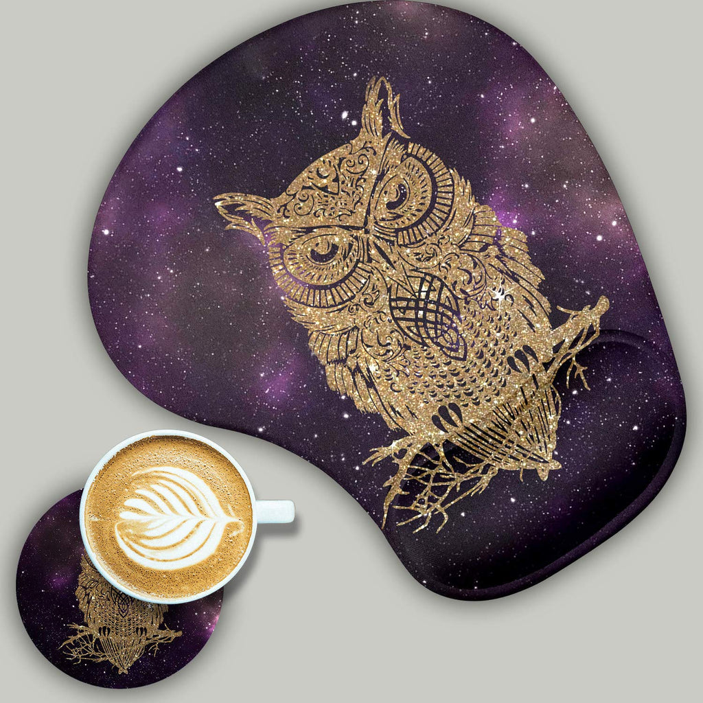 [Australia - AusPower] - 2 Pack Gaming Mouse Pad and Coaster, Ergonomic Mouse Pad with Wrist Support Gel, Non-Slip PU Base, Easy Typing Pain Relief Effect, Suitable for Office and Home (Starry Owl) Starry Owl 