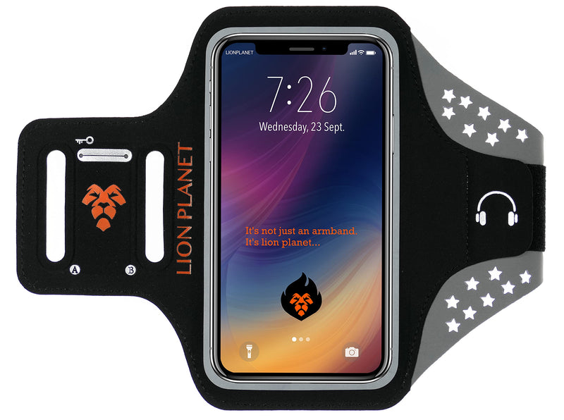 [Australia - AusPower] - Nylon Lycra Cell Phone Armband Case. for Screen Size of 6.5 inches and Below. with Card Holder, Key Slot & Earphone Cord Holder, Wear in Running Workout Sports Fitness and Gym(Black Star, M 6.5") M 6.5" Black Star 