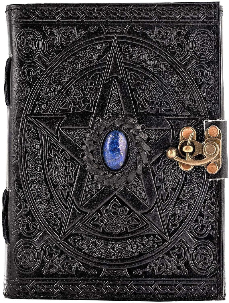[Australia - AusPower] - Leather Journal Black Pentagram Embossed - Lapiz Gemstone Studded Handmade Journal - Art Sketchbook Scrapbook Drawing Writing Notebook, 5x7 inches Unlined 