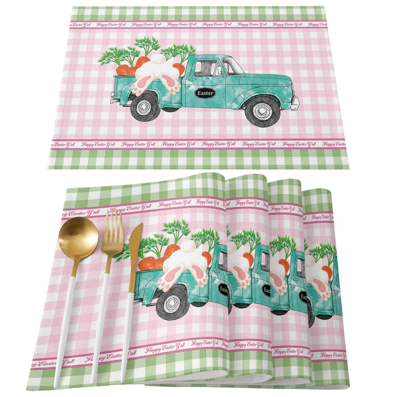 [Australia - AusPower] - Easter Placemats Set of 6, Cotton Linen Heat Resistant Table Mats Non-Slip Washable Happy Easter Pink Green Buffalo Blue Truck Bunny Placemat for Holiday Banquet Dining Kitchen Table Decor Cardca4384 