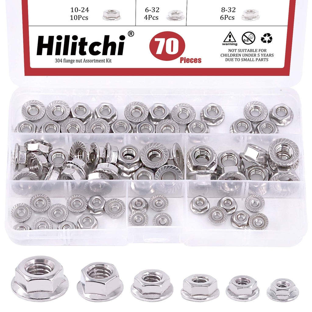 [Australia - AusPower] - Hilitchi 70Pcs 304 Stainless Steel Serrated Flange SAE Hex Lock Nuts 1/4-20 5/16-18 3/8-16 10-24 8-32 6-32 Bright Finish Hex Flange Nuts Assortment Kit 