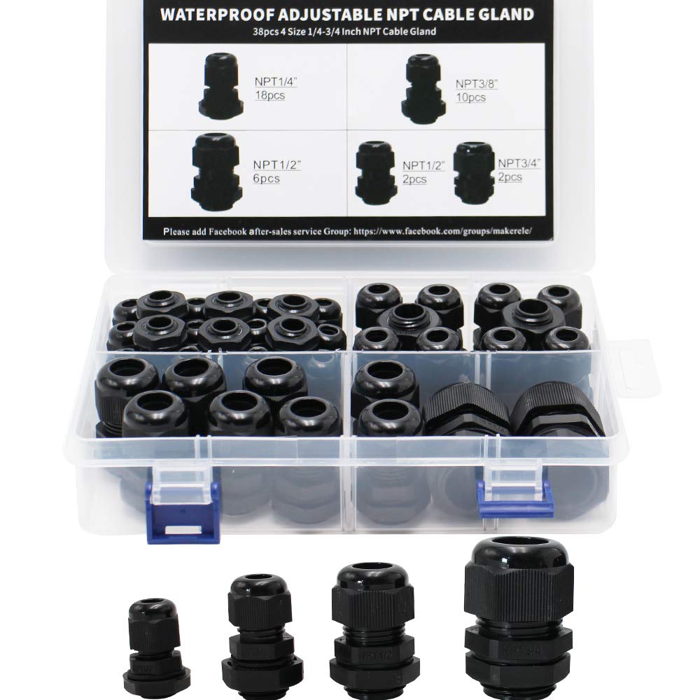 [Australia - AusPower] - MAKERELE NPT Cable Glands Kit Waterproof Adjustable Nylon 1/4” 3/8” 1/2” 3/4” Plastic Strain Relief Cord Connectors 38pcs Black With Gaskets 