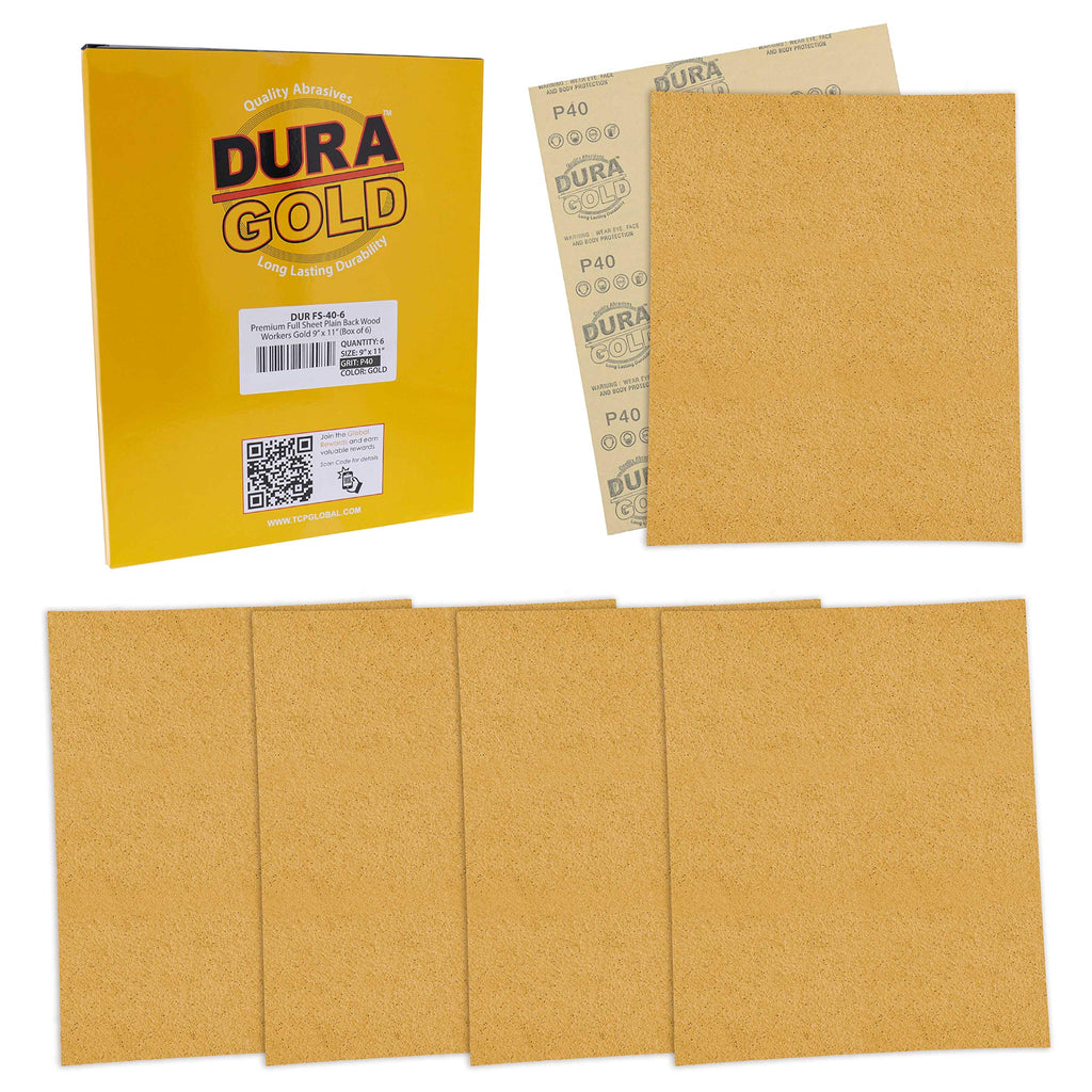 [Australia - AusPower] - Dura-Gold Premium 9" x 11" Gold Sandpaper Sheets, 40 Grit (Box of 6) - Wood Furniture Woodworking, Automotive Paint - Full-Size Cut to Use on 1/4, 1/3, 1/2 Sheet Finishing Sanders, Hand Sanding Block 40-Grit 
