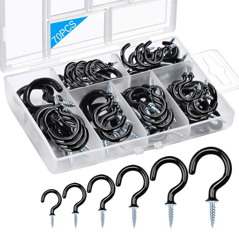 [Australia - AusPower] - 70Pcs Screw in Hooks, 6 Size Vinyl Coated Ceiling Hooks for Hanging Plants, Mugs, Led Lights, Black Wall Hangers for Indoor/Outdoor Use-(1/2", 5/8", 3/4", 7/8", 1'', 1-1/4") 