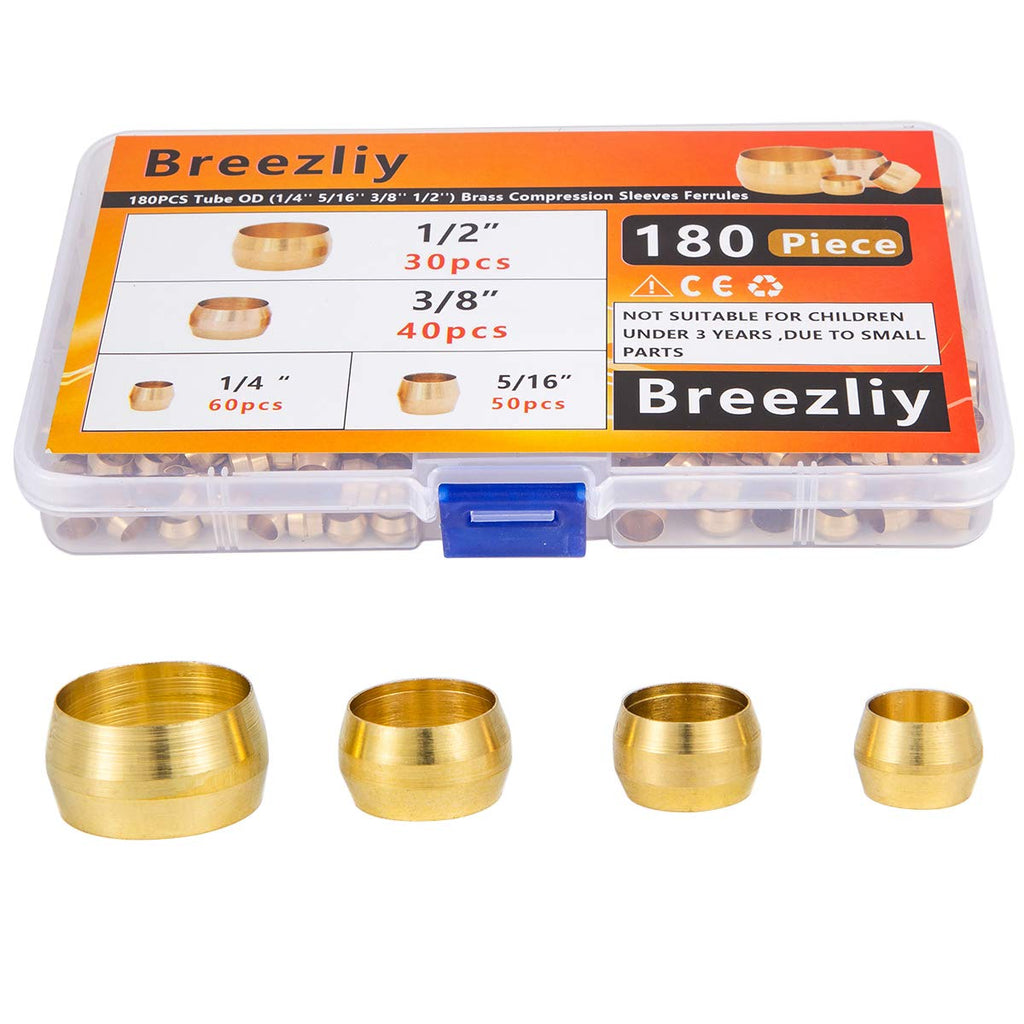[Australia - AusPower] - Breezliy 180PCS Tube OD（1/4" 5/16" 3/8" 1/2") Brass Compression Sleeves Ferrules ,4 Sizes Brass Compression Fitting Assortment Kit 180PCS 4 Sizes Brass Compression Sleeves 