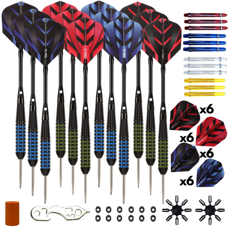 [Australia - AusPower] - Steel Tip Darts Set - Professional 12PC Darts Steel Tip for Dartboard - Includes Steel Brass Barrels + Plastic & Aluminum Shafts + O-Ring's + Flights & Protectors + Sharpener + Wrench 21g-STC10431 