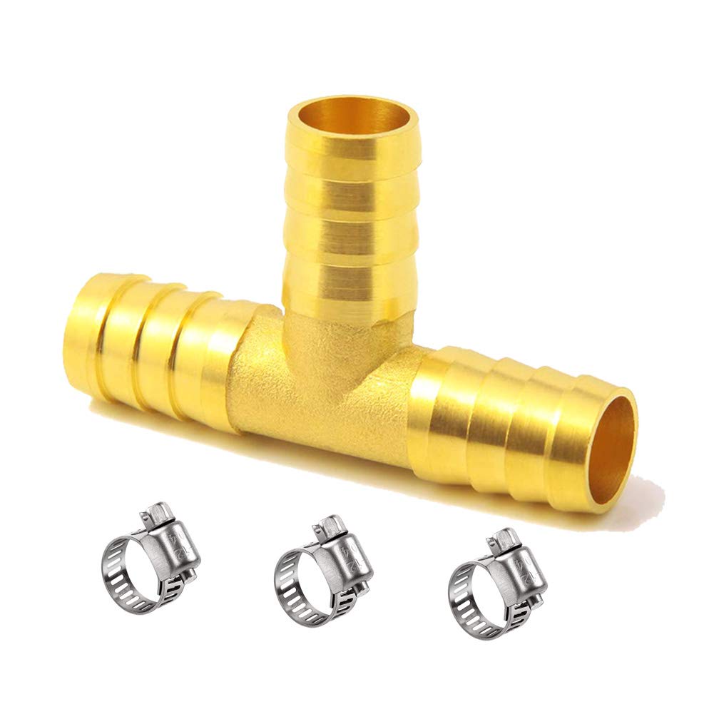 [Australia - AusPower] - U/D Metaltee Brass 5/8 inches Barbed Tee Fitting 3 Way Hose Barb T Shaped Adapter with Hose Clamps 