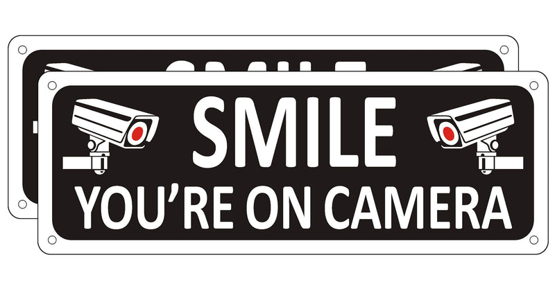 [Australia - AusPower] - Smile You're on Camera Sign (2 Pack), Video Surveillance Sign Metal, 10" x 3.5" Home Security Signs for House Business, Camera Warning Sign Outdoor, Aluminum CCTV Sign for Yard You're on Camera Sign-C03A 