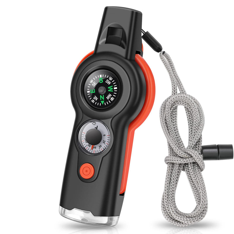 [Australia - AusPower] - 7-in-1 Emergency Survival Function Whistle, Outdoor Multifunctional Tool Safety Whistle with Lanyard, Ideal for Kayaking, Boating, Hiking, Camping, Climbing, Hunting, Fishing, Rescue Signaling Black+Orange 