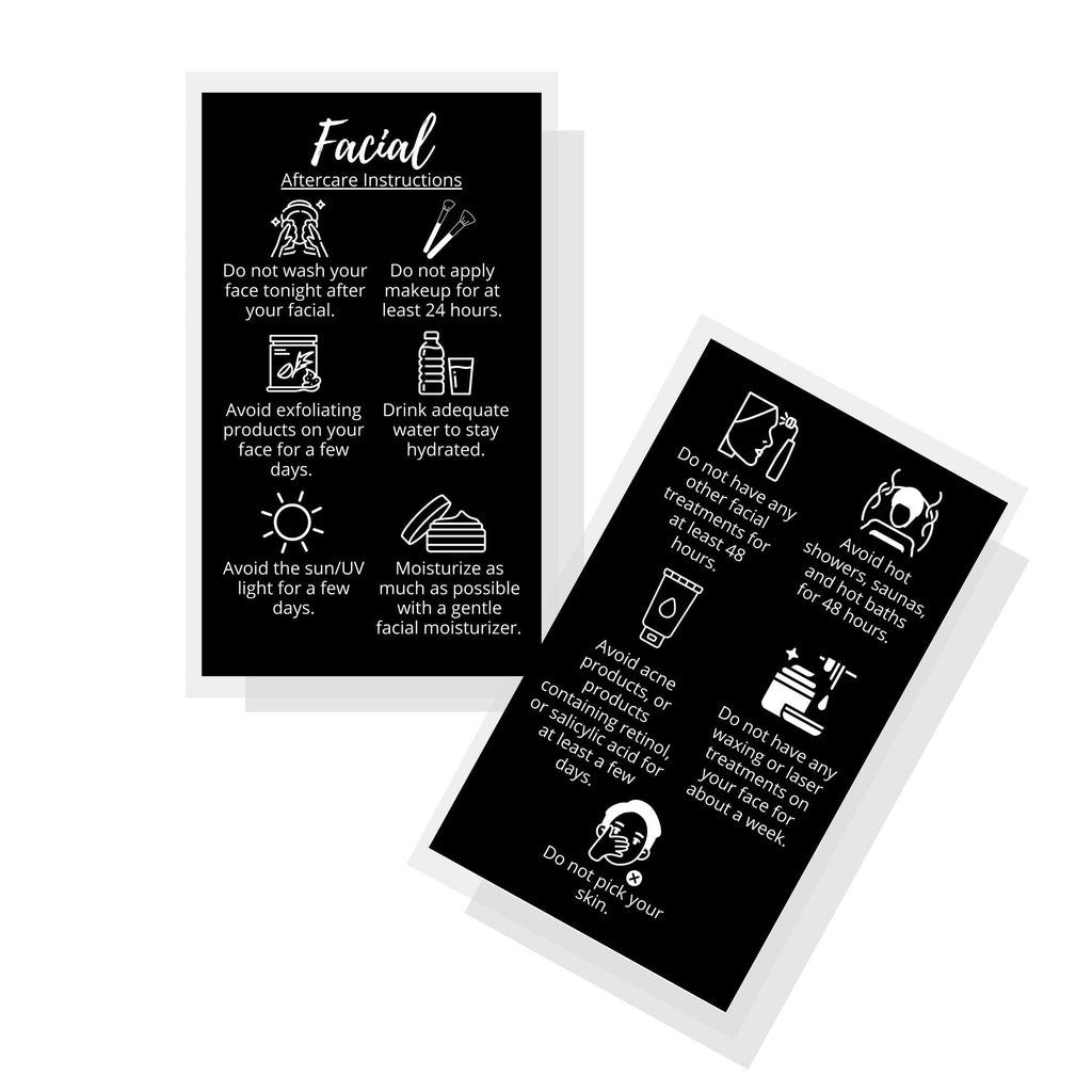 [Australia - AusPower] - Facial Aftercare Cards | 50 Pack | Size 2 x 3.5” inches Business Card Size | Facial PMU | Aftercare Instructions Black with Icons Design 