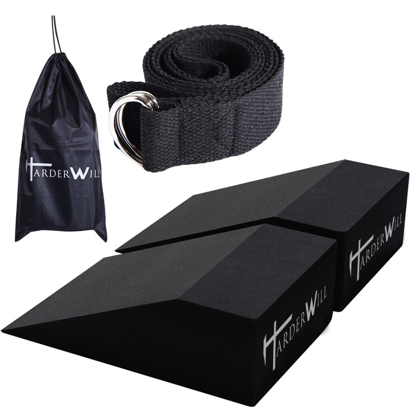 [Australia - AusPower] - HarderWill 3 in 1 Yoga Foam Wedge Blocks (Pair), Calf Raise Block, Yoga Strap Set, Calf Stretcher, Yoga Wrist Support, Balance, Pushup, Fitness, Pilates, Heel Stretcher, Squat Wedge with Gym Bag 