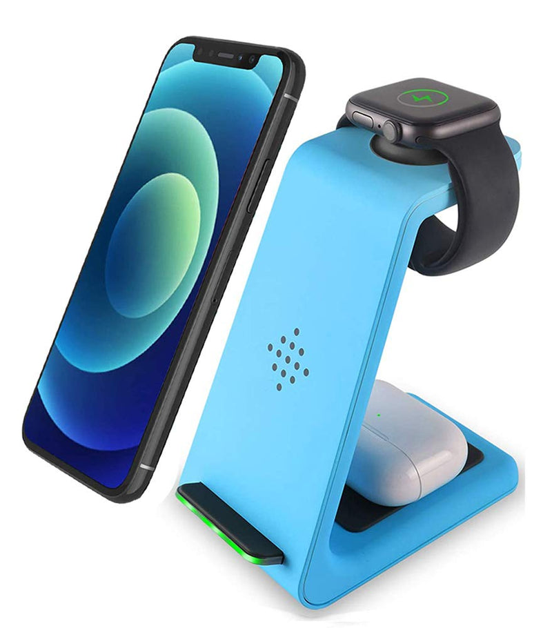 [Australia - AusPower] - Wireless Charger, 3 in 1 Qi Standard Fast Wireless Charging Station Charger Stand Dock for iPhone 13/13 Pro/13 Pro Max/12/12 Pro/12 Pro Max/11/X/8,Apple Watch Series 7/6/SE/5/4/3/2,AirPods 2/Pro/3 Blue 
