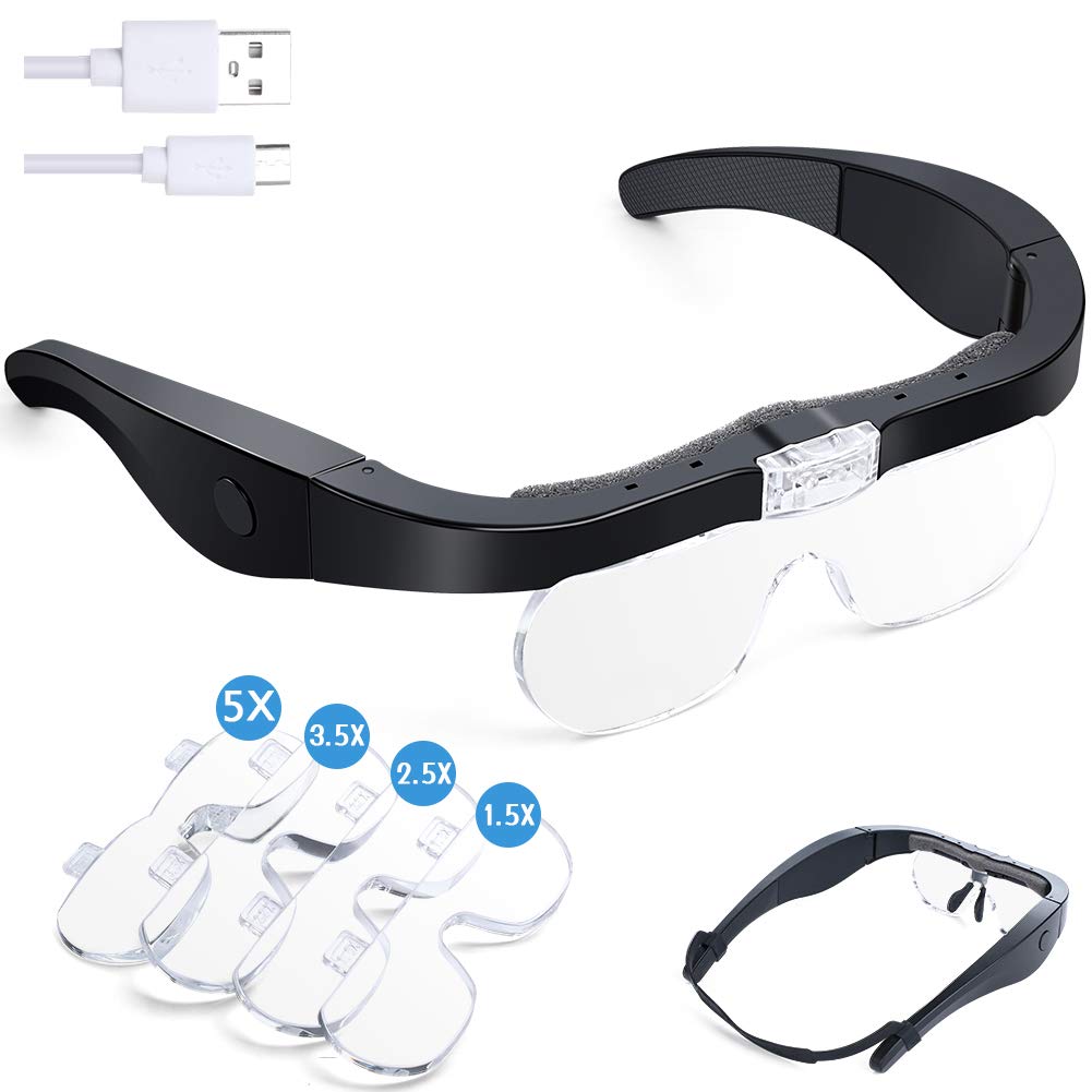 [Australia - AusPower] - Headband Magnifier, Rechargeable Magnifying Glasses with Light Hands Free Interchangeable Magnification Lenses 1.5X 2.5X 3.5X 5X for Jewelry, Crafts, Cross Stitch Black 