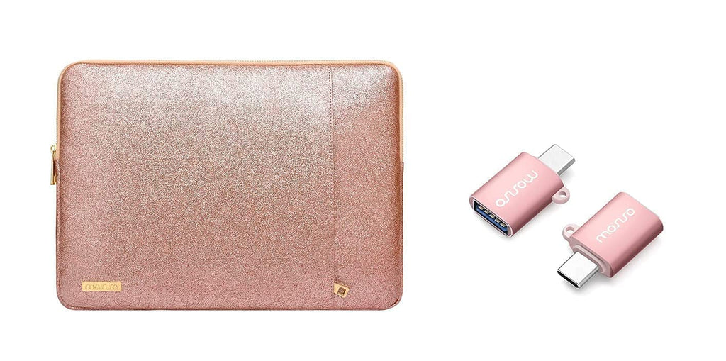 [Australia - AusPower] - MOSISO 13-13.3 Inch Laptop Sleeve PU Leather Vertical Style Padded Bag Waterproof Case & USB C to USB Adapter 2 Pack,USB Type-C to USB Connector,Thunderbolt 3 to USB 3.0 Converter OTG, Rose Gold 