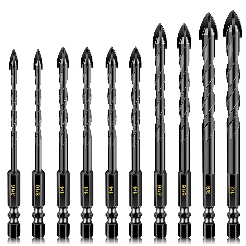[Australia - AusPower] - 10 Pcs Masonry Drill Bits, Concrete Drill Bit Set for Tile, Brick, Glass, Plastic and Wood, Tungsten Carbide Tip Work with Ceramic Tile, Wall Mirror, Paver on Concrete or Brick Wall. 