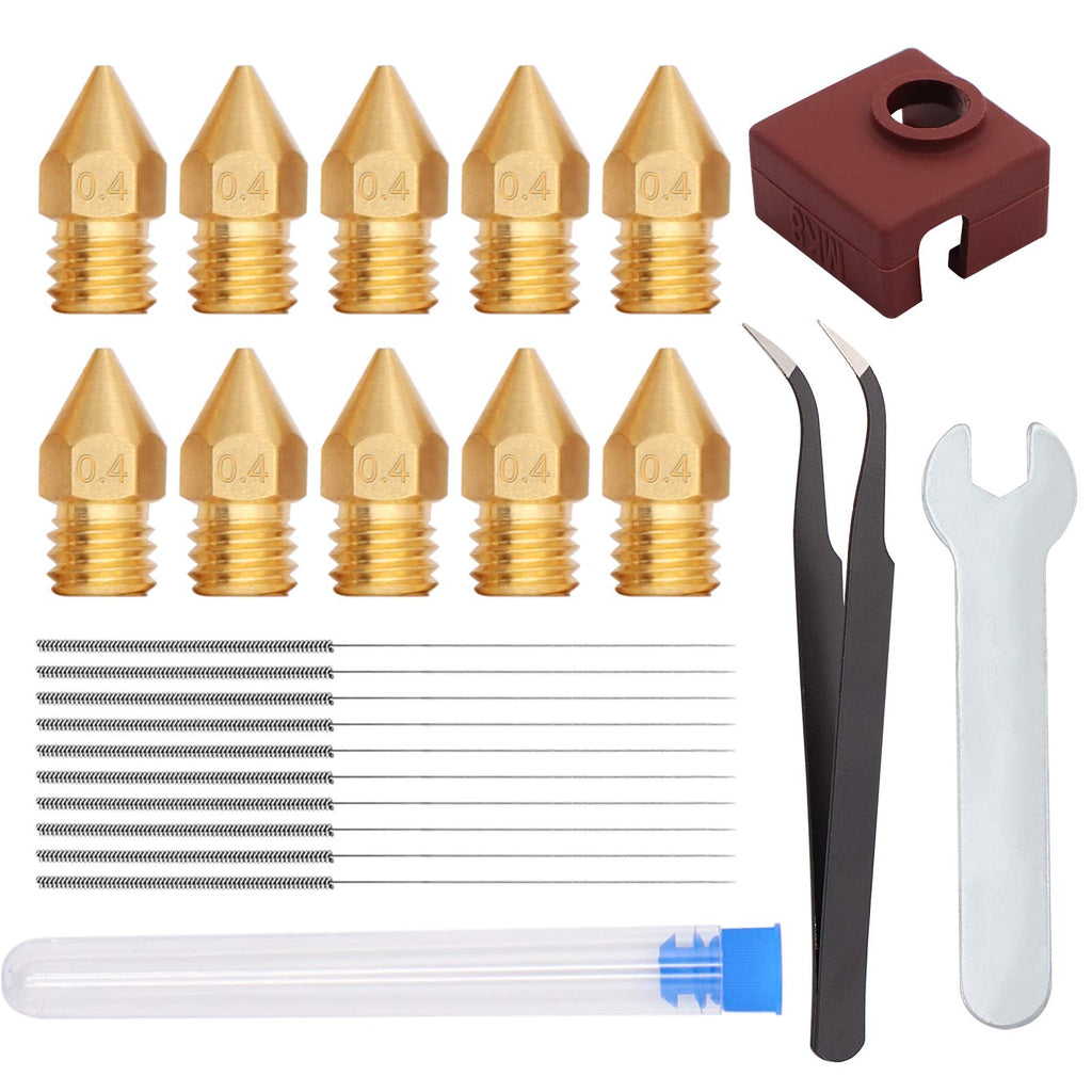 [Australia - AusPower] - 10PCS 0.4mm 3D Printer Extruder MK8 Nozzles + 10PCS 0.4mm 3D Printer Extruder Stainless Steel Nozzle Cleaning Needles with Spanner and Tweezers for Makerbot Creality CR-10 Ender 3 5 