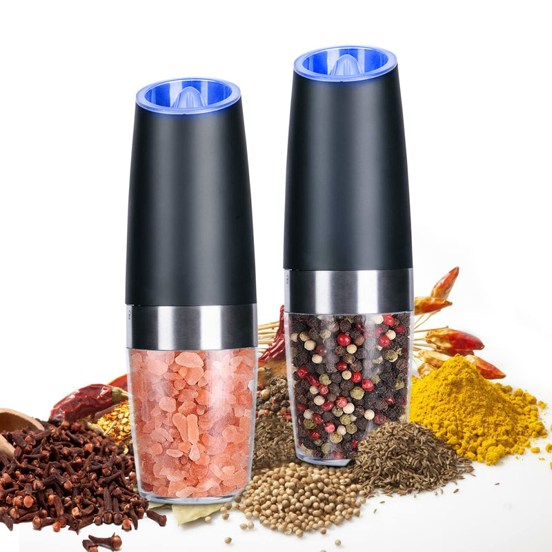 [Australia - AusPower] - 2 Pack Gravity Electric Salt and Pepper Grinder Set Automatic Battery Powered Salt Mill, Adjustable Coarseness, with Blue LED Light, One Hand Operated Black 2X 