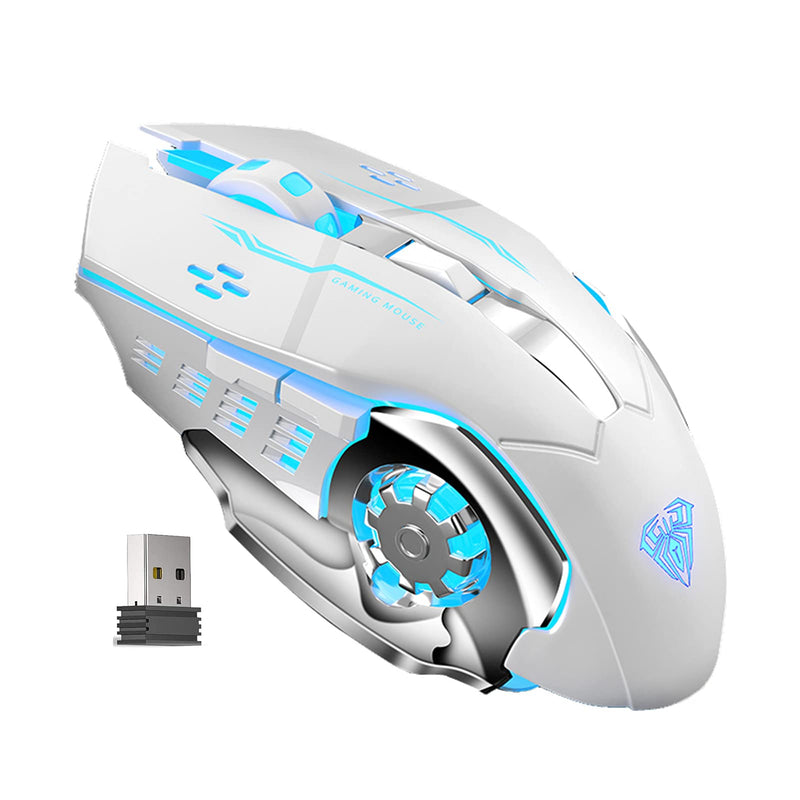 [Australia - AusPower] - AULA SC100 White Wireless Gaming Mouse, with Side Buttons, LED Backlit, DPI Adjustable, Rechargeable USB Cordless Computer Mice for Laptop, Desktop 
