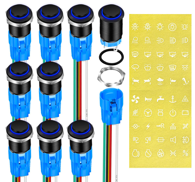 [Australia - AusPower] - DaierTek 12 Volt Momentary Push Button Switch Waterproof Blue LED Light 12V Illuminated 16mm Metal Black Power Start Pushbutton -9 Pack 