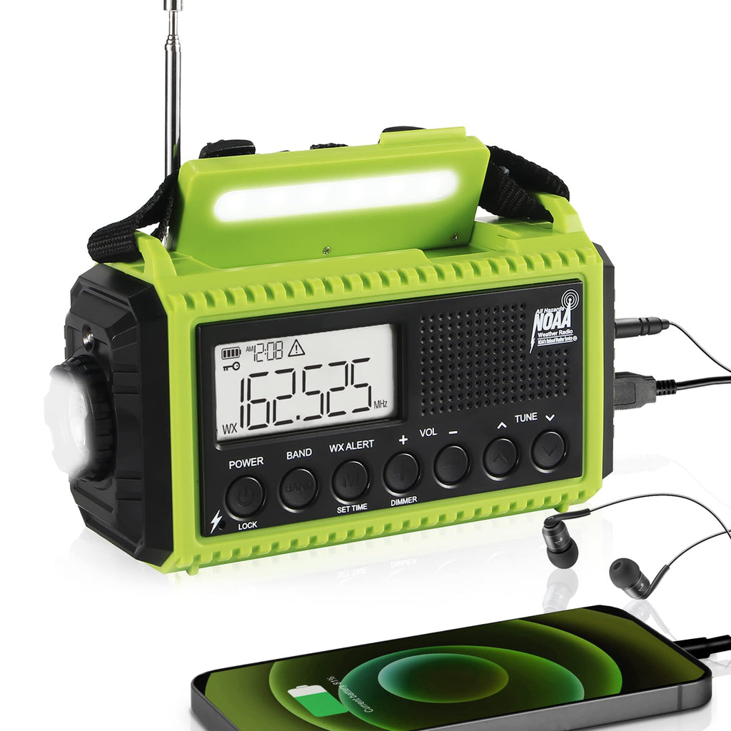 [Australia - AusPower] - Emergency Hand Crank Radio Solar Charging, 5000 AM/FM/SW/NOAA Weather Alert Radio with LCD Display, Phone Charger, Camping Flashlight, Read Lamp&SOS, Portable Survival Kits Radio for Emergency Home Green 