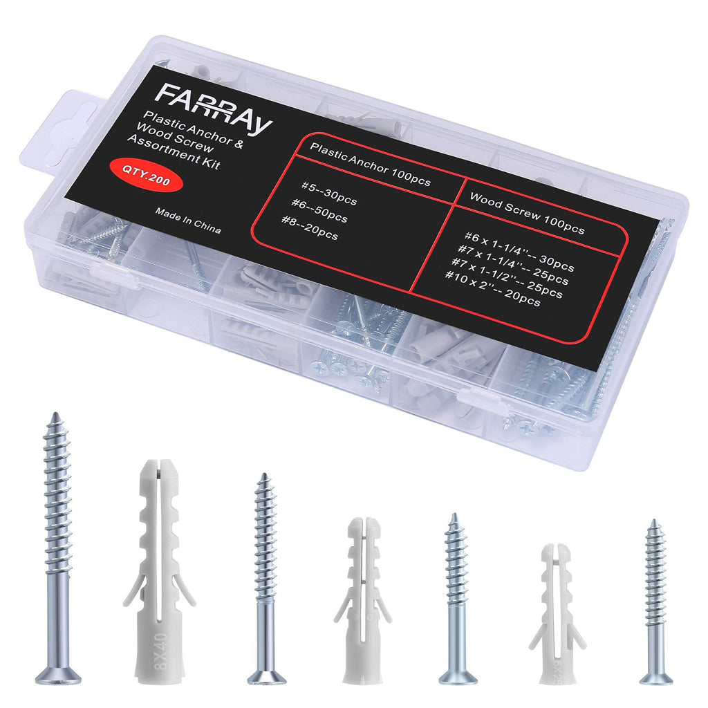 [Australia - AusPower] - FARRAY Drywall Anchors and Screws Assortment Kit, Plastic Wall Anchors with Galvanized Phillips Flat Head Self Tapping Wood Screws, 200pcs 