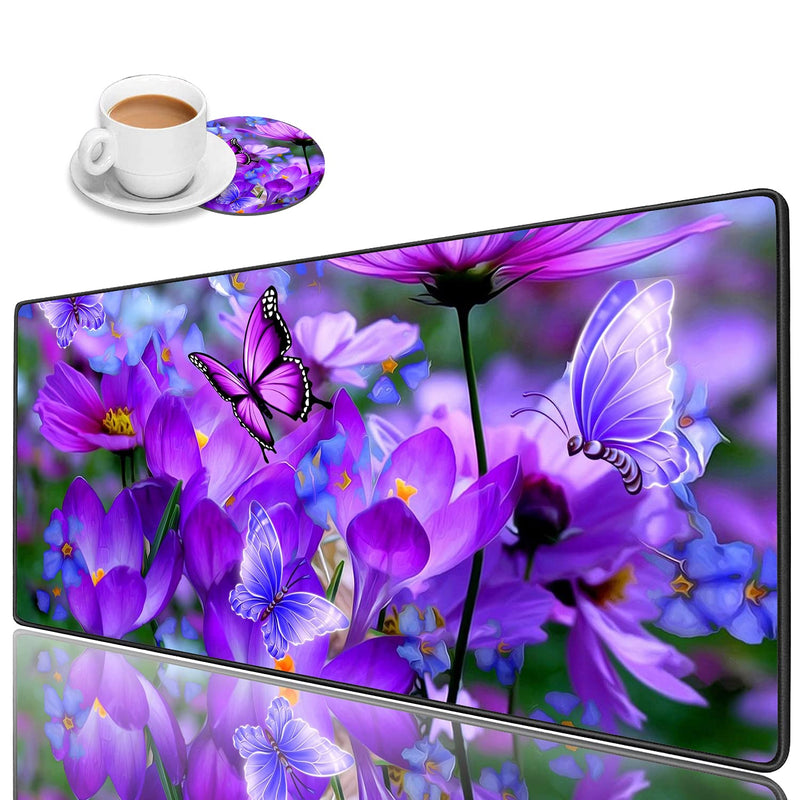 [Australia - AusPower] - Luasao Desk Pad Mat Gaming Mouse Pads with Coasters, Stitched Edges Design Mouse Pad XXL Large Mouse Pad for Laptop Computers Purple Flowers and Butterflies Desk Writing Mat for Office & Home 