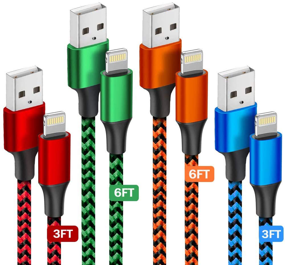[Australia - AusPower] - Charger iPhone Cable Cord [Apple MFi Certified] 4 Pack 3/3/6/6 FT USB Lightning Cable Nylon Braided Fast iPhone Charging Cord Data Sync USB Wire for iPhone 13/12/11Pro/11/XR/X/8/7/6/5, ipad, AirPods Red,Blue,Orange,Green 