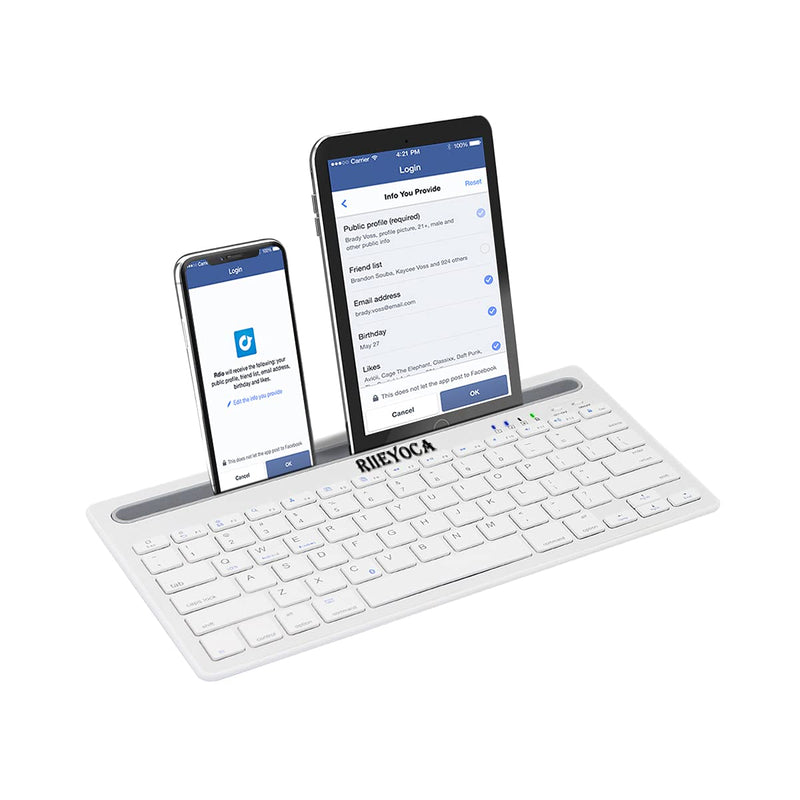 [Australia - AusPower] - RIIEYOCA Multi-Devcie Bluetooth Keyboard, Dual Mode & Rechargeable Slim Wireless Keyboard, Switch to 2 Devices Compatible for iOS/Android/Windows/Desktop/PC/Notebook/Tablet/Smartphones (White) 