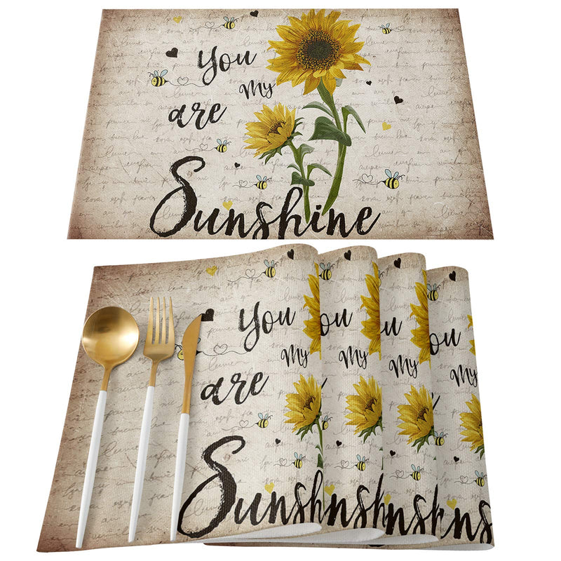 [Australia - AusPower] - Sunflower Placemats Set of 6, Cotton Linen Heat Resistant Table Mats Non-Slip Washable Vintage Sunflower Bees You are My Sunshine Placemat for Holiday Banquet Dining Table Kitchen Decor Sunflowerase9937 